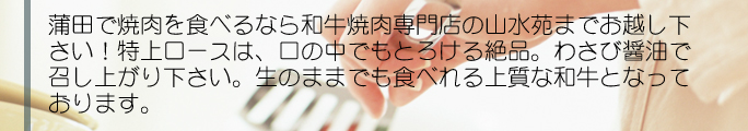 蒲田で焼肉を食べるなら和牛焼肉専門店の山水苑までお越し下さい！特上ロースは、口の中でもとろける絶品。わさび醤油で召し上がり下さい。生のままでも食べれる上質な和牛となっております。